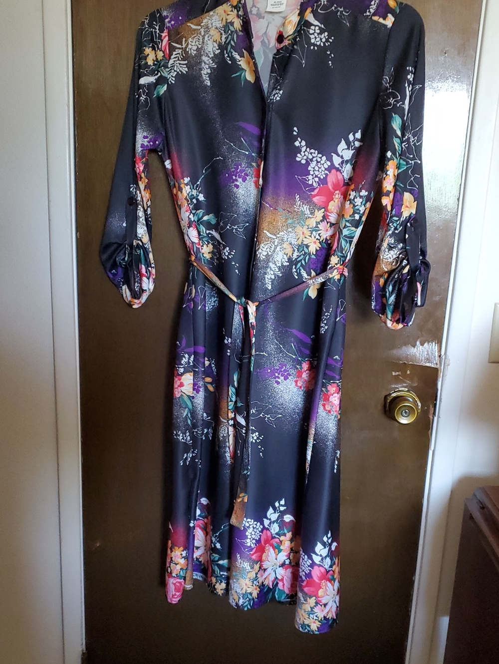 Polyester Tie-Waist Midi Dress, Black with Multicolor Floral Button Down Front